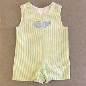 Green Seersucker Striped Baby Romper with Crocodile Appliqué Design